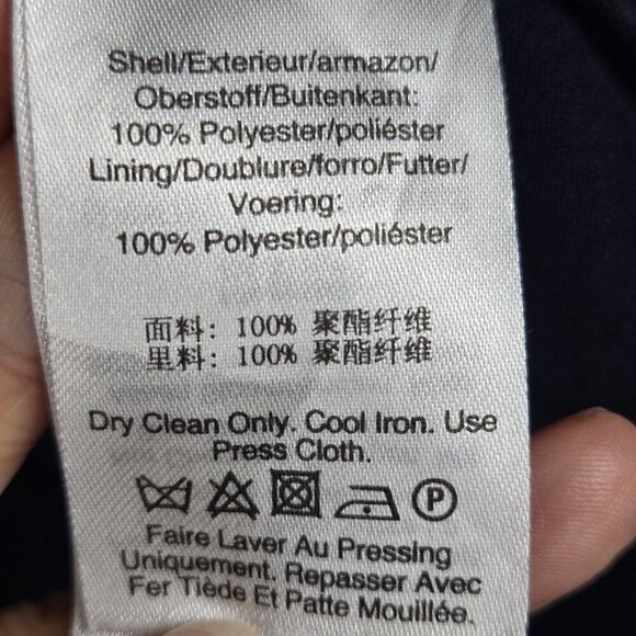 DKNY Size 4 Navy Blue Midi Dress White Polka Dots Vneck Sheer Ruched Sleeves - Picture 13 of 15